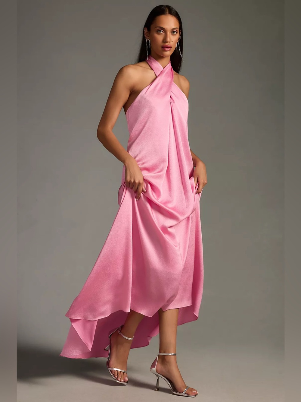 ML Monique Lhuillier Twist Halter High-low Satin Gown In Pink Size 4